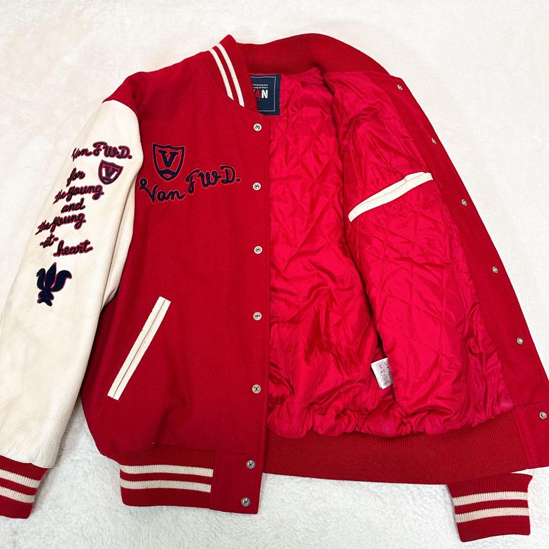美品✨VANジャケット スタジャン L アーチロゴ 袖レザー 赤／白
