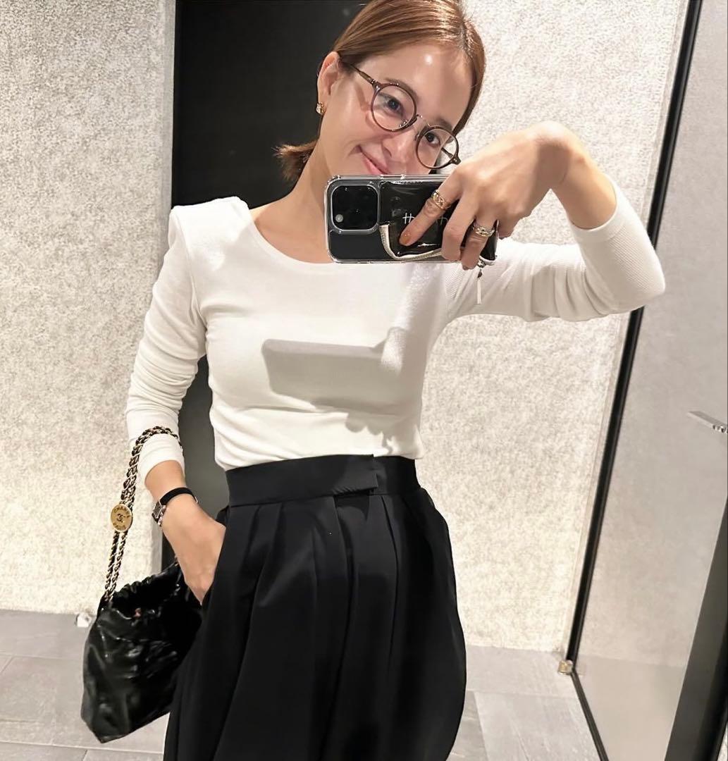 yori 24AW 肩パッド付きバックレスロンTee ネイビー38size