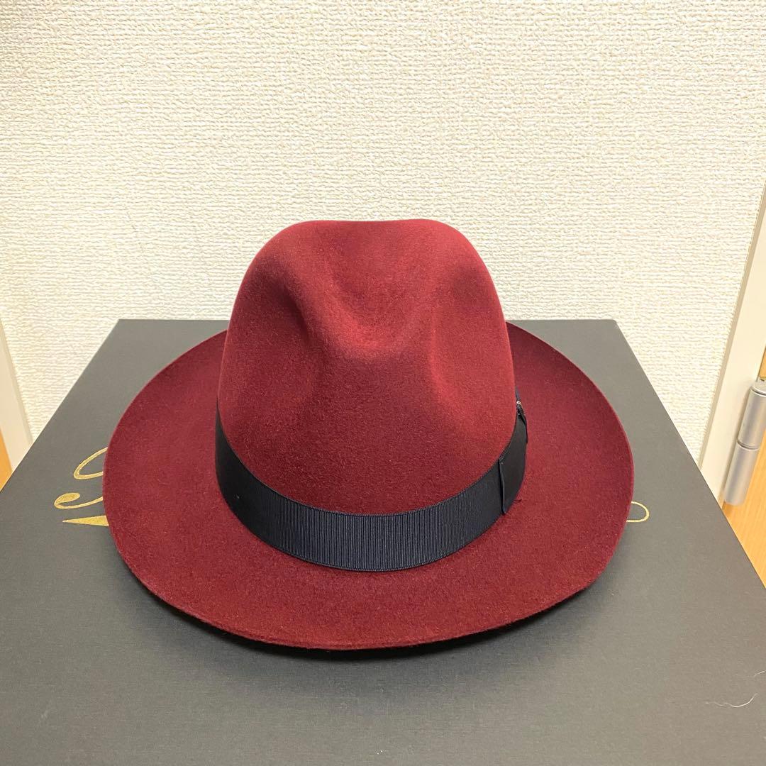[未使用]Borsalinoボルサリーノラビット中折れハット59ワインレッド箱付