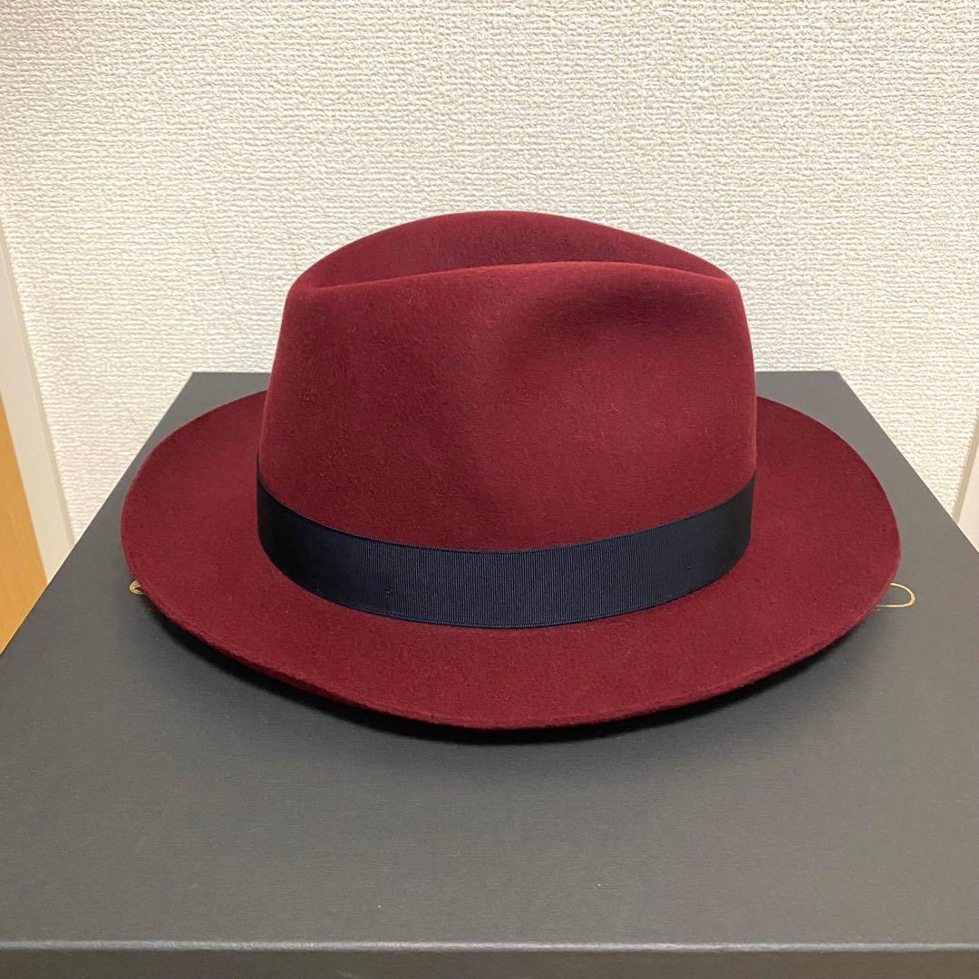 [未使用]Borsalinoボルサリーノラビット中折れハット59ワインレッド箱付