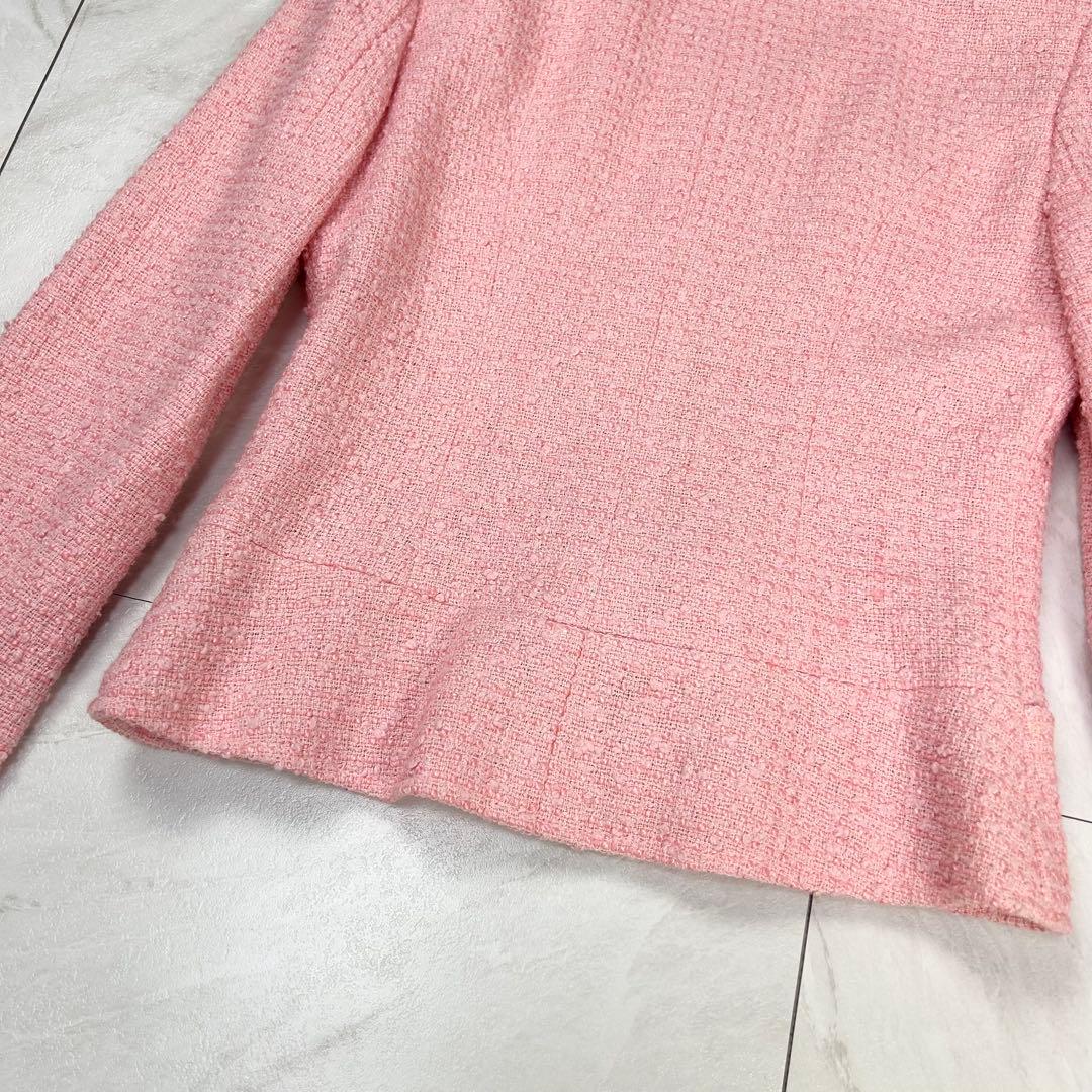 美品 CHANEL 立体 COCO ロゴ ノーカラー ツイードジャケット 38