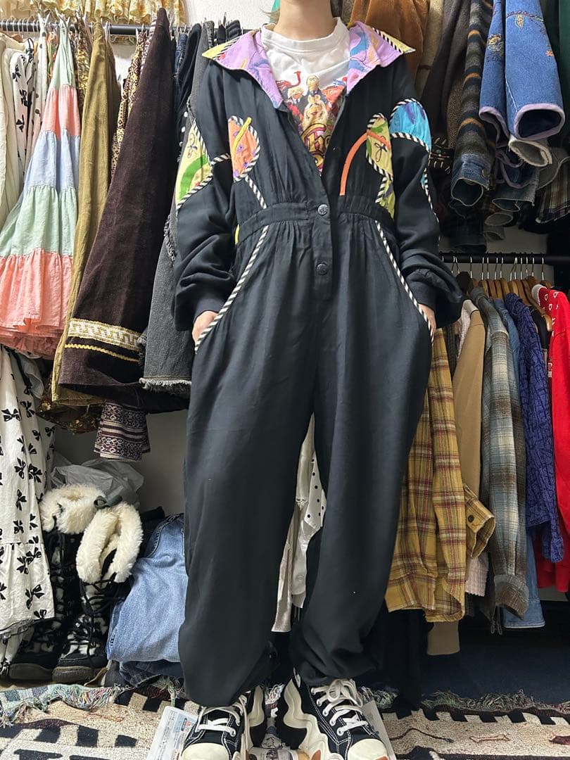 80s★ヴィンテージ★ジャンプスーツ★パッチワーク 黒 つなぎ 紙タグ