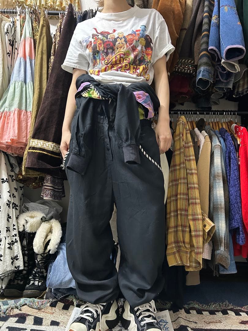 80s★ヴィンテージ★ジャンプスーツ★パッチワーク 黒 つなぎ 紙タグ