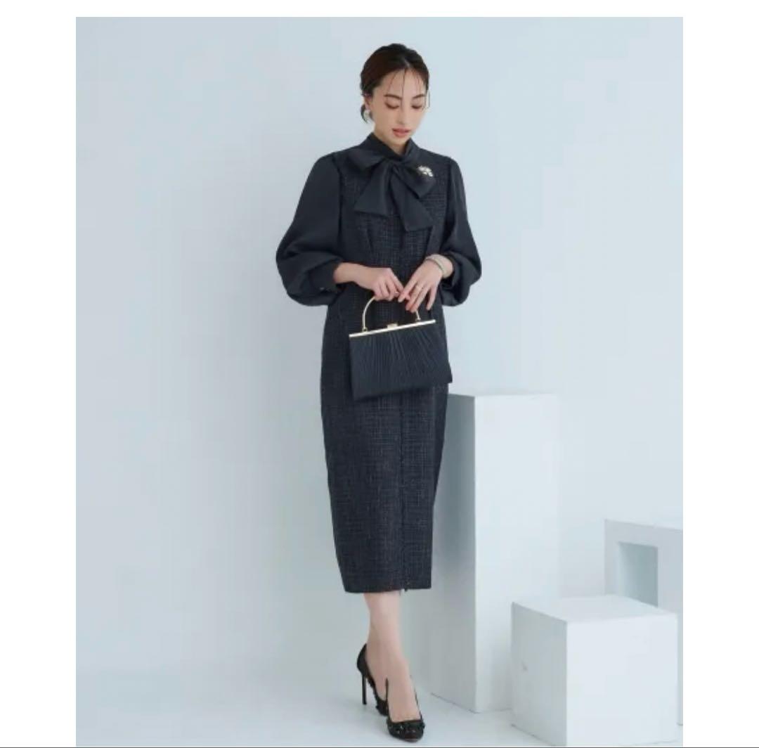 新品 ルイルエブティック ミックスツイードコンビ・ロングナローワンピースドレス