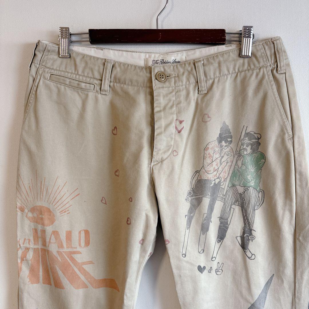 5825レミレリーフ チノパン 落書きプリント　日本製　メンズ　個性的　コットン