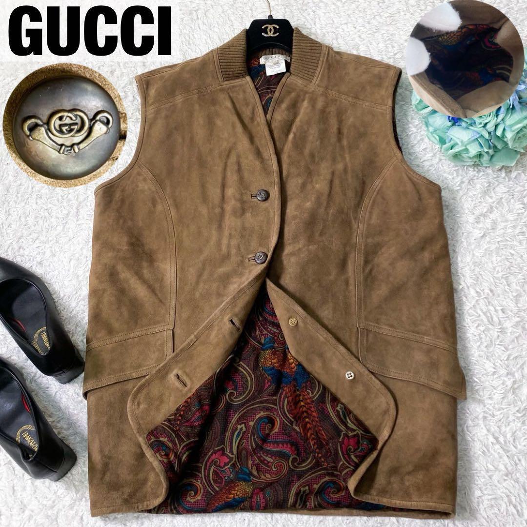 極美品！グッチ レザーベストGG金ボタン 裏地総ペイズリー柄 ヴィンテージXL