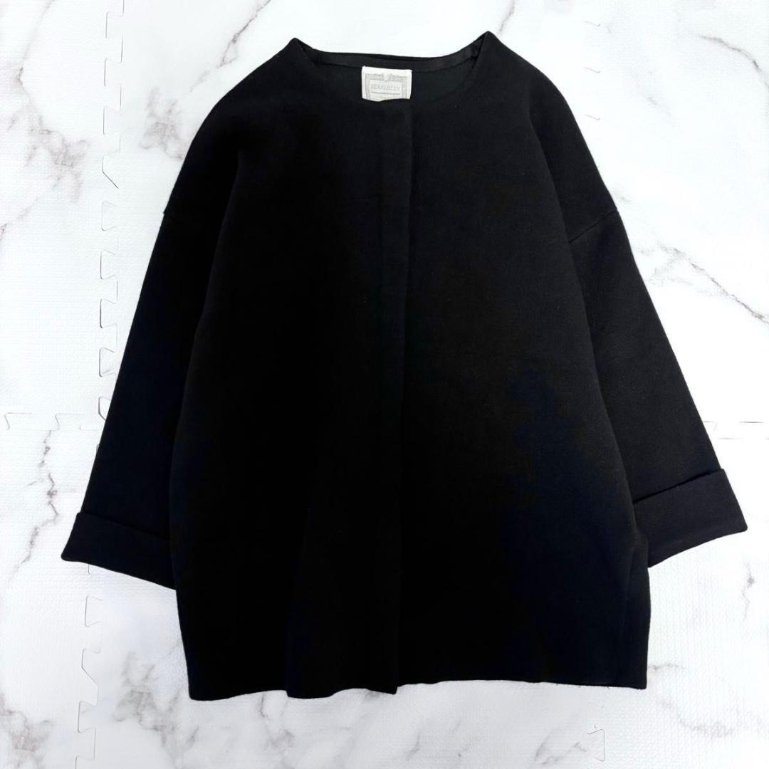BEARDSLEY ニットコート　ブラック　ビアズリー　洗える　ノーカラー　黒