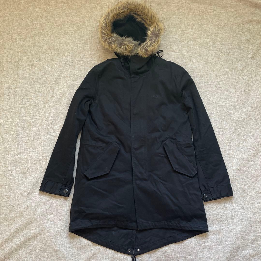 FRED PERRY ブラック ロゴ チェック ファー モッズコート Sサイズ