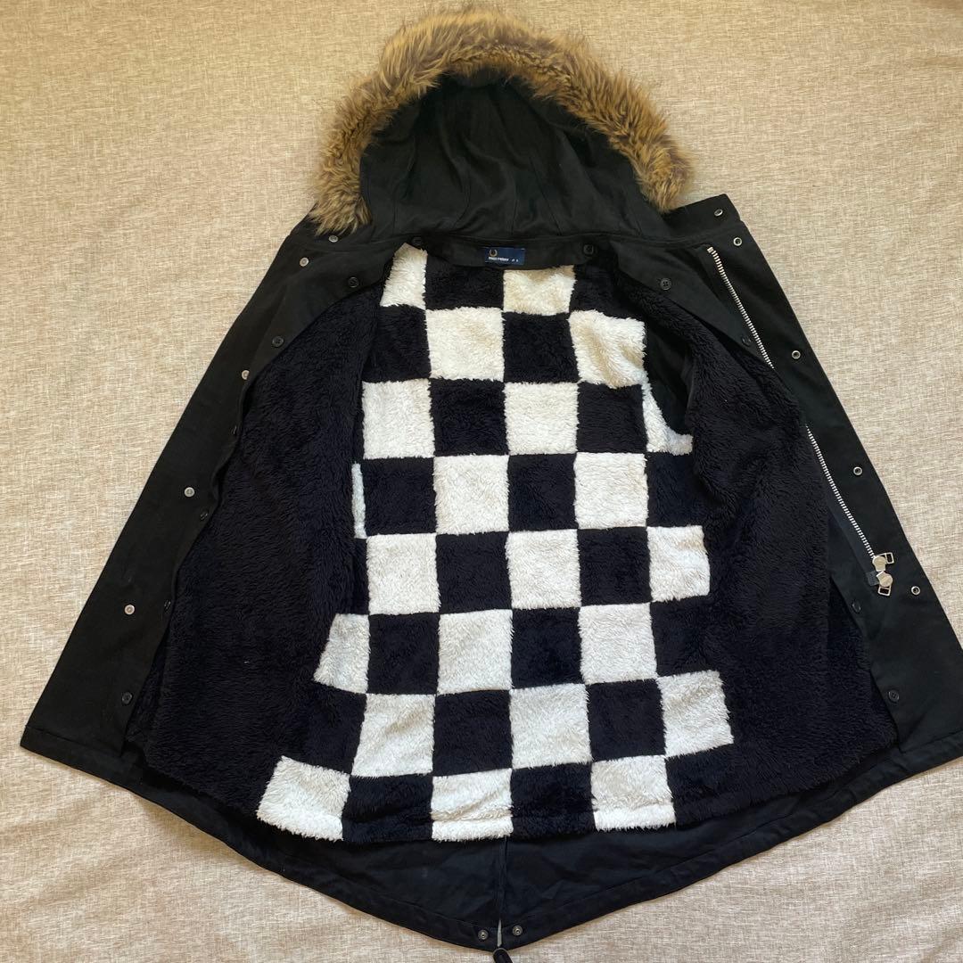 FRED PERRY ブラック ロゴ チェック ファー モッズコート Sサイズ