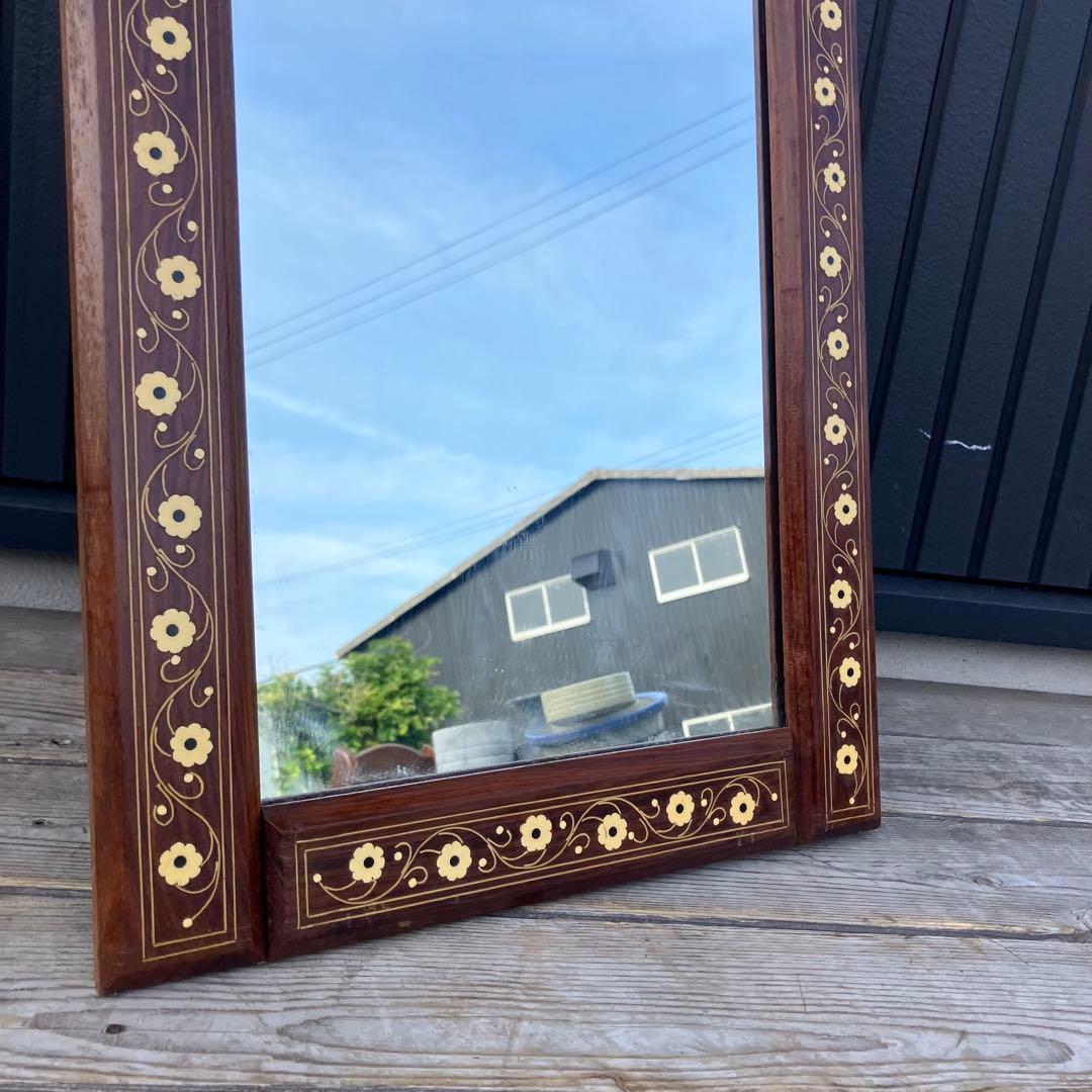 北欧レトロ ビンテージ 象嵌細工 花柄木製フレームミラー 等身鏡 姿見 壁掛け鏡