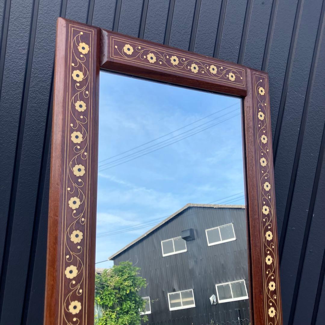 北欧レトロ ビンテージ 象嵌細工 花柄木製フレームミラー 等身鏡 姿見 壁掛け鏡