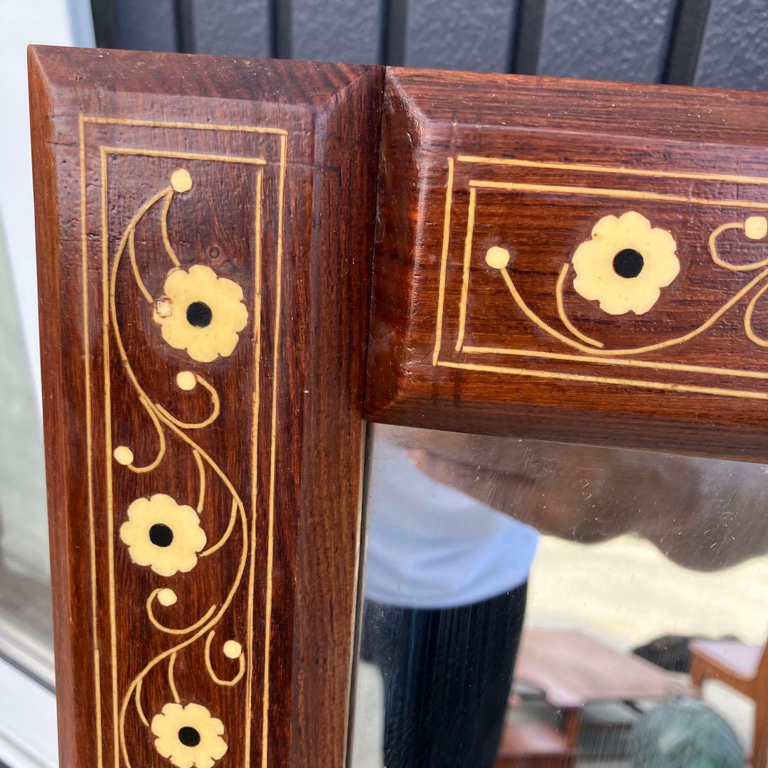 北欧レトロ ビンテージ 象嵌細工 花柄木製フレームミラー 等身鏡 姿見 壁掛け鏡