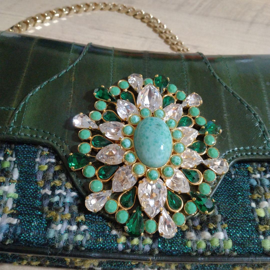 【最終値下げ】ドルガバ 緑色 ツイード レザー パーティーバッグ