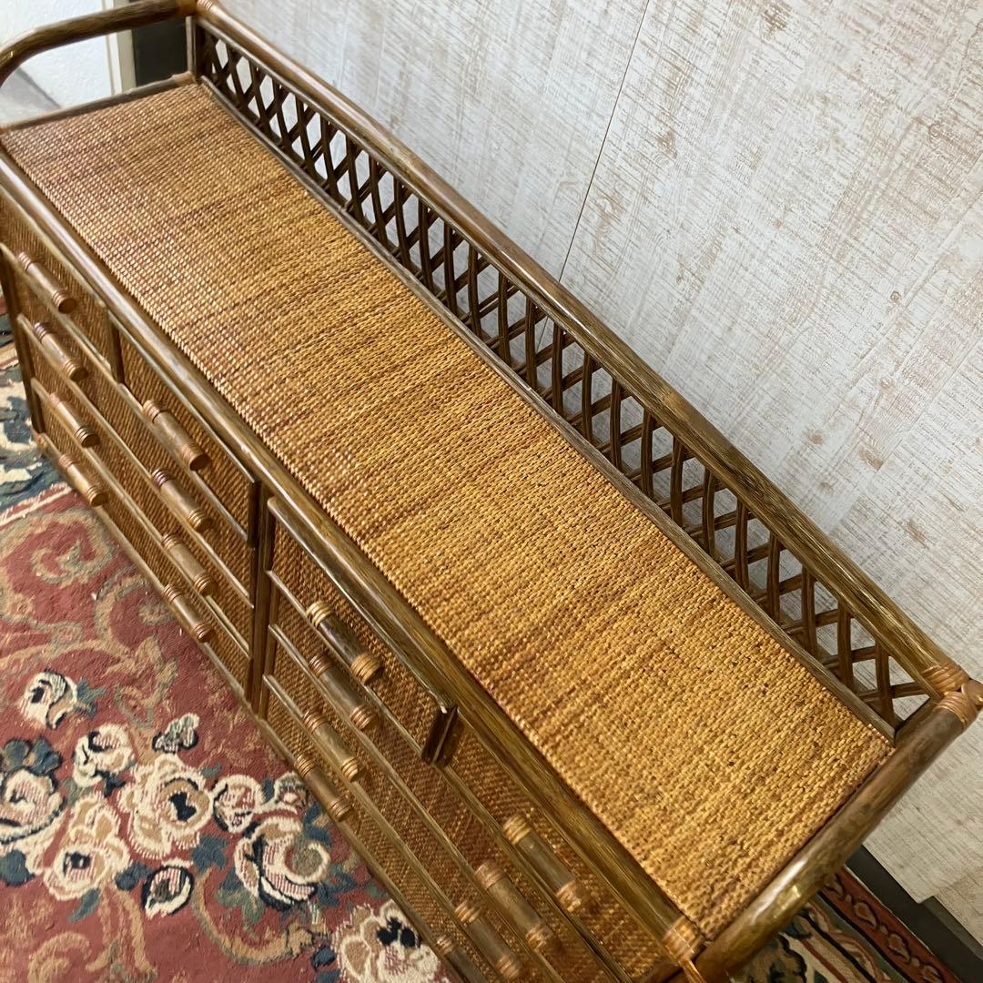 昭和レトロ ラタンサイドボード テレビ台 古家具 4段10杯 引き出し箪笥