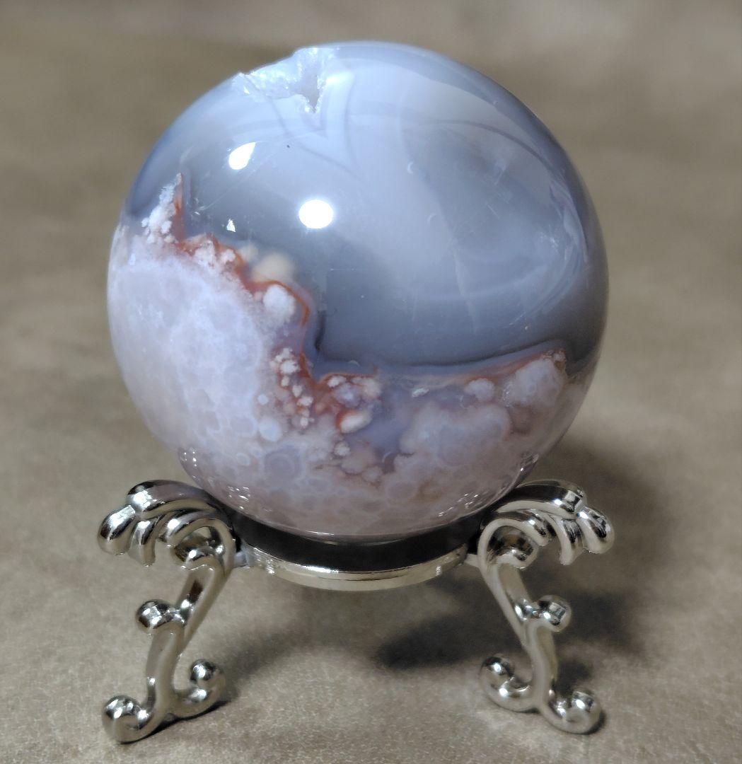 台座付き 縁起物 笑口 ジオード入り ブラック桜瑪瑙スフィア 50mm