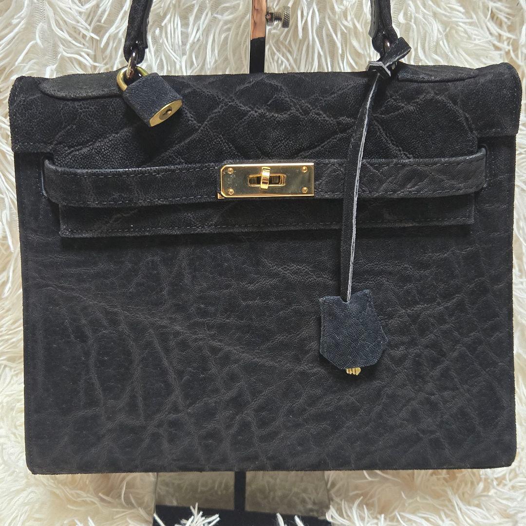 希少 エレファント レザー ブラック グレー 象 ハンドバッグ カデナ　ゴールド