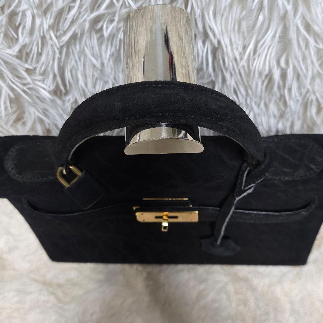 希少 エレファント レザー ブラック グレー 象 ハンドバッグ カデナ　ゴールド