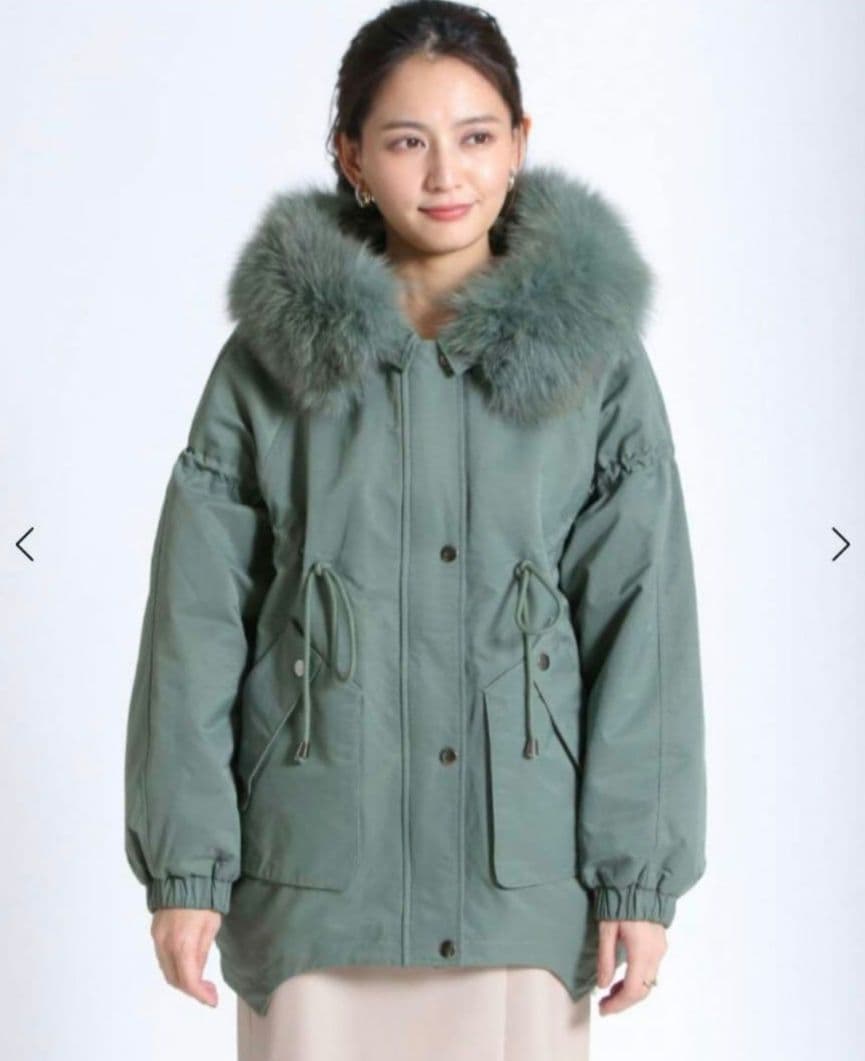 グリーン モッズコート ファー付きフード