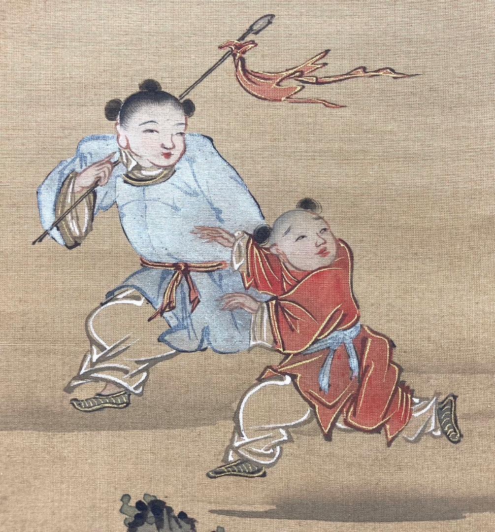 【かみあつ様用】狩野尚信「唐子」掛軸 絹本 識箱