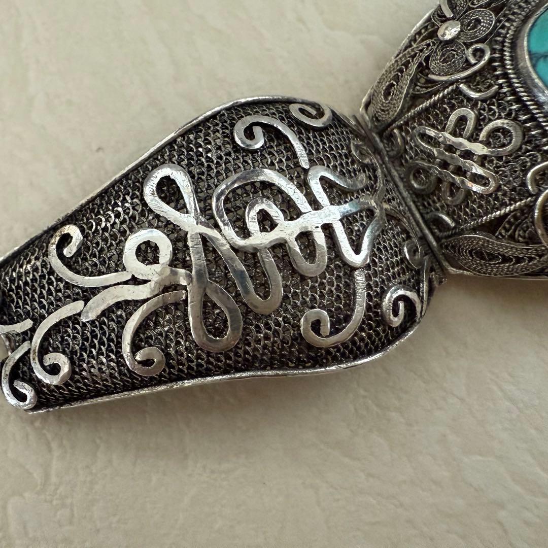 アンティーク中国輸出用銀器　銀線細工トルコ石ターコイズバングルブレスレット大ぶり