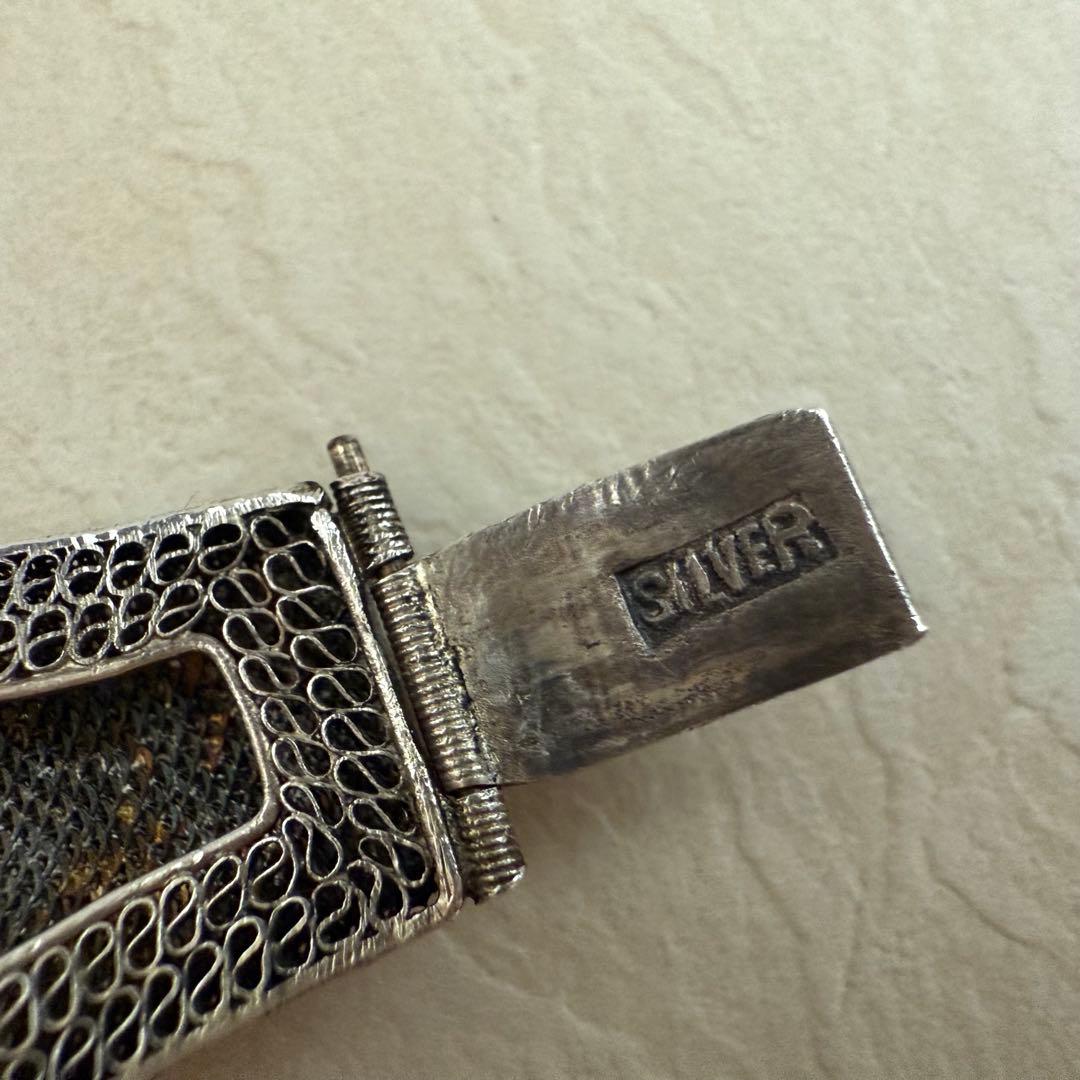 アンティーク中国輸出用銀器　銀線細工トルコ石ターコイズバングルブレスレット大ぶり