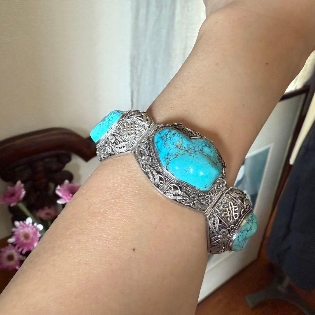 アンティーク中国輸出用銀器　銀線細工トルコ石ターコイズバングルブレスレット大ぶり