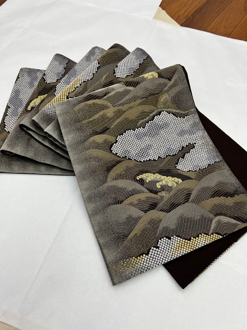 正絹　6通袋帯　荒波　鹿の子織り出し