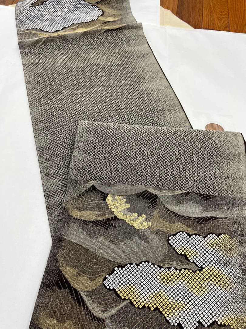 正絹　6通袋帯　荒波　鹿の子織り出し