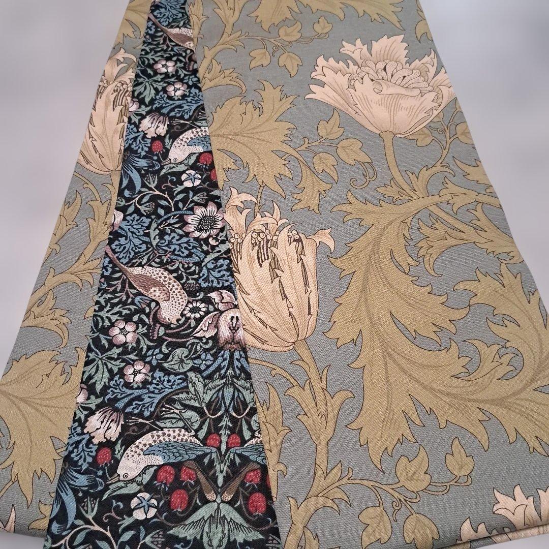 半幅帯　長尺　ウィリアムモリス　いちご泥棒　エメラルド×アネモネ　リバーシブル