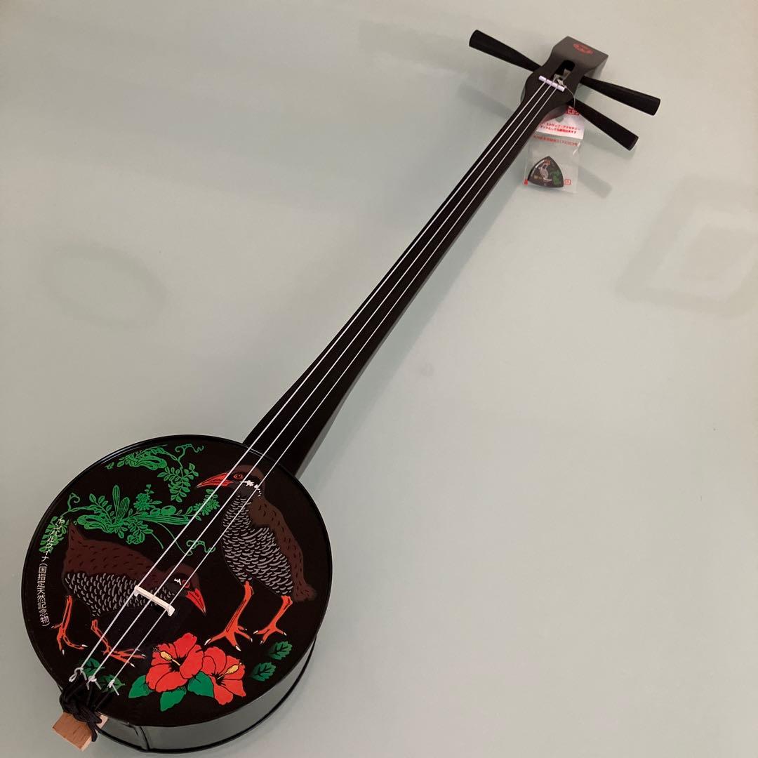 【未使用】カンカン三線　カンカラ三線　ヤンバルクイナとハイビスカス柄　沖縄