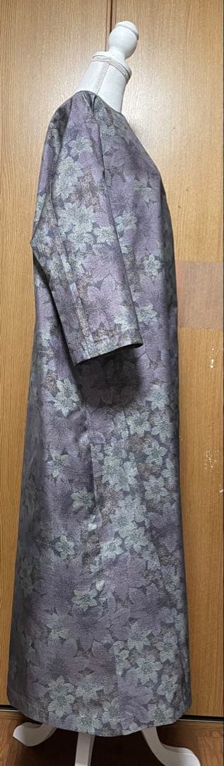 着物リメイク　大島のAラインワンピース　リボン(共布紐ベルト)付き