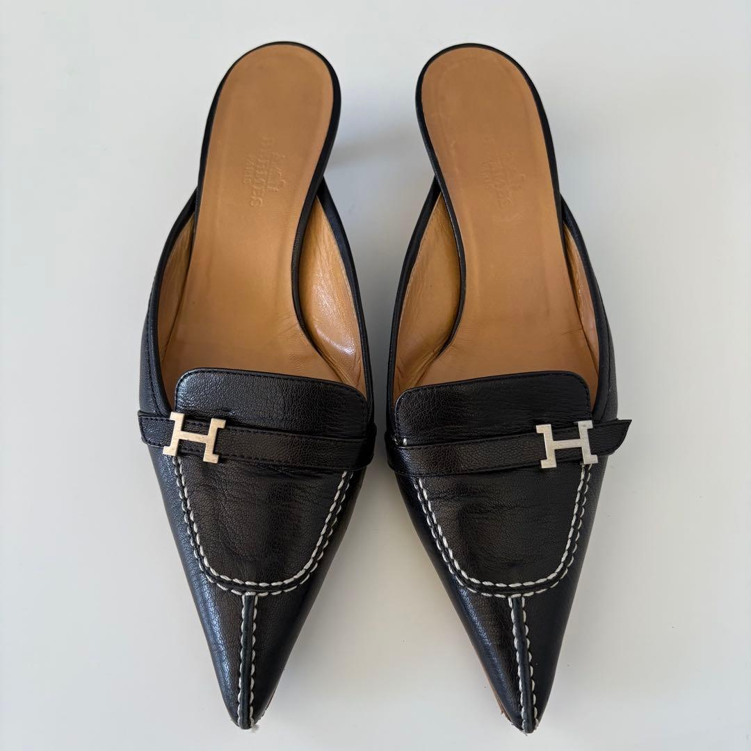 HERMES エルメス Hロゴ ミュール レザー ブラック
