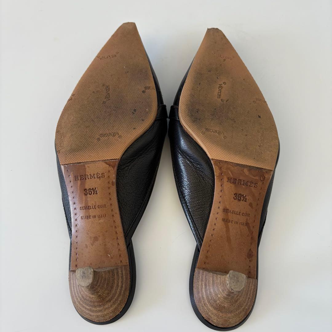 HERMES エルメス Hロゴ ミュール レザー ブラック