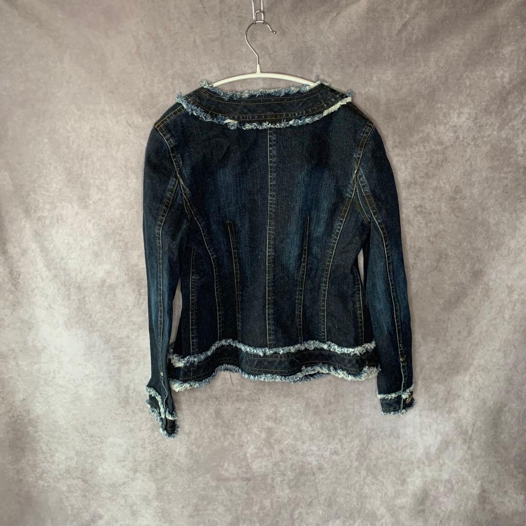 【courreges】　デニム　ジャケット　フリンジ　ノーカラー