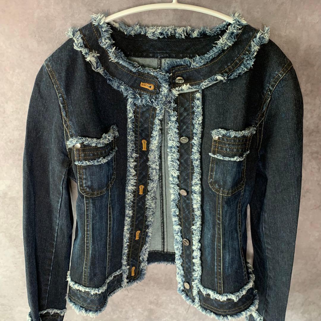 【courreges】　デニム　ジャケット　フリンジ　ノーカラー