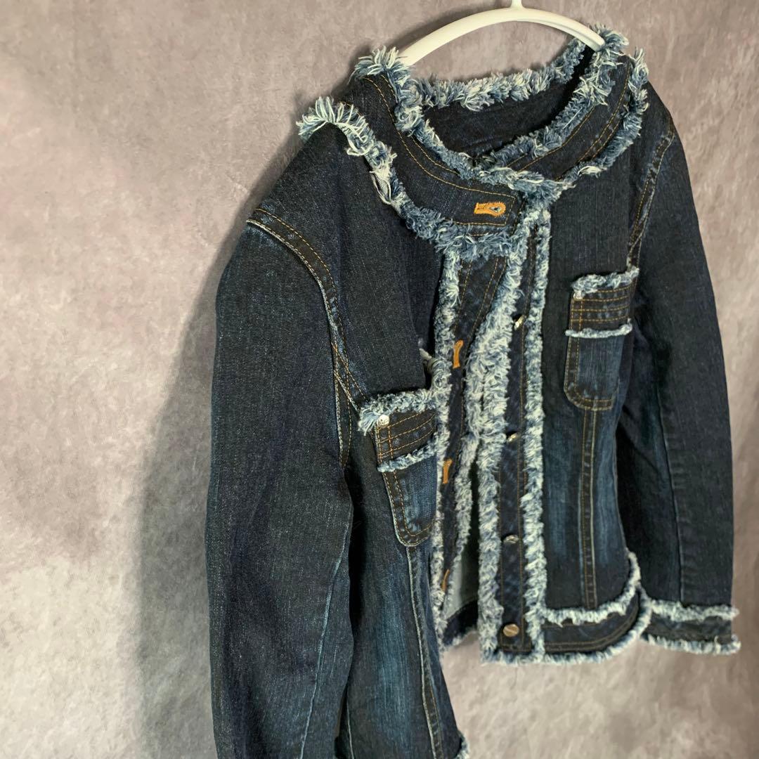 【courreges】　デニム　ジャケット　フリンジ　ノーカラー