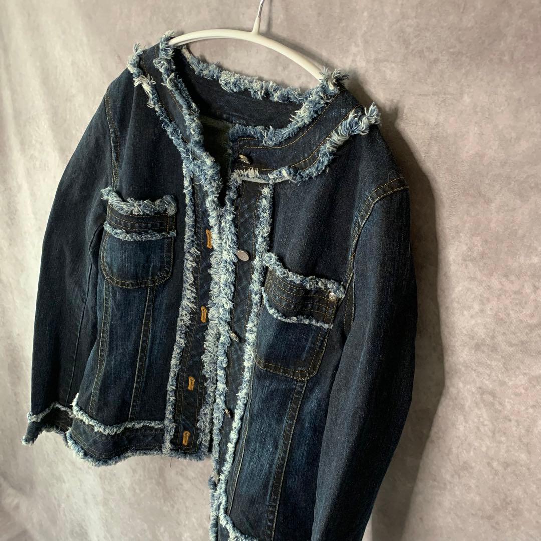 【courreges】　デニム　ジャケット　フリンジ　ノーカラー