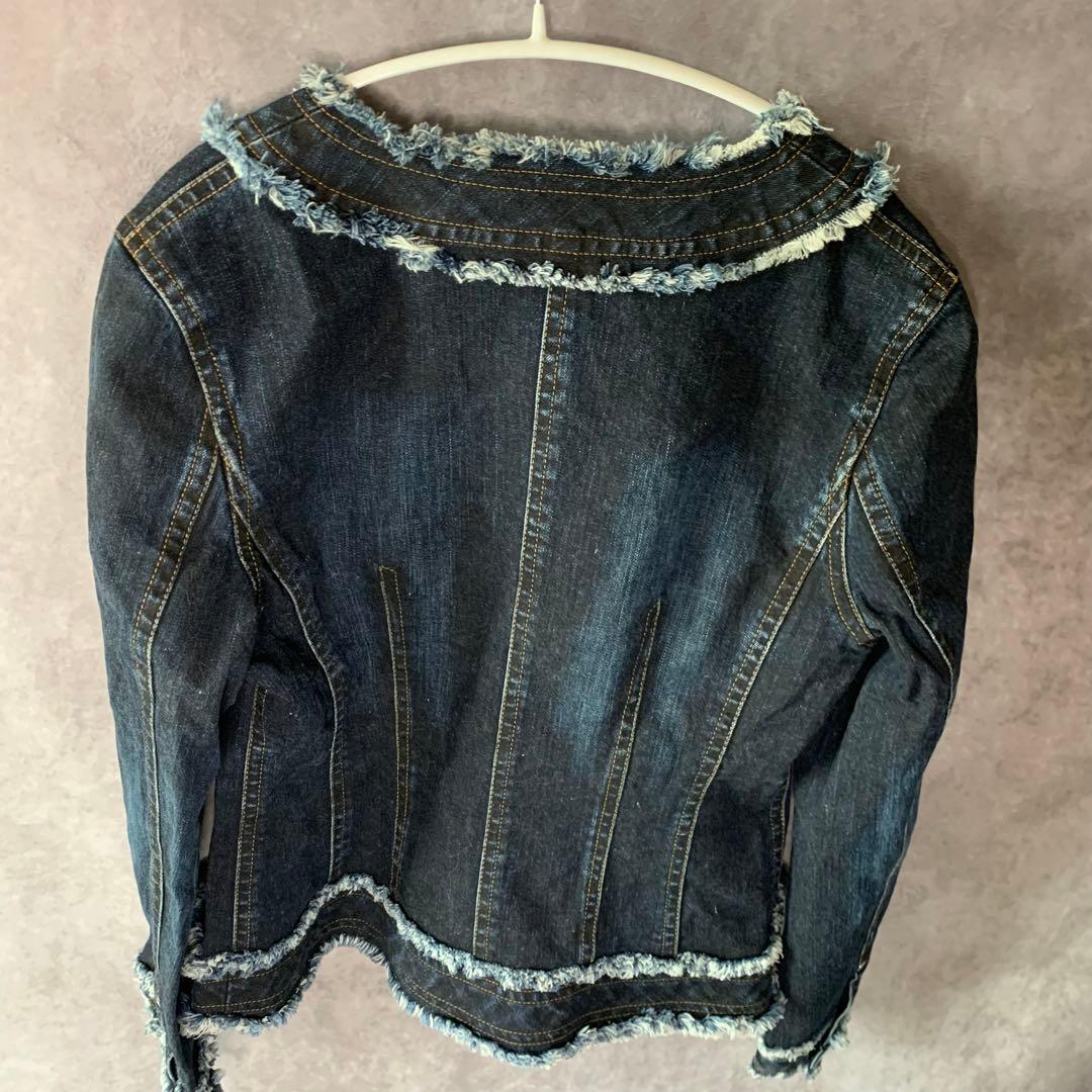 【courreges】　デニム　ジャケット　フリンジ　ノーカラー