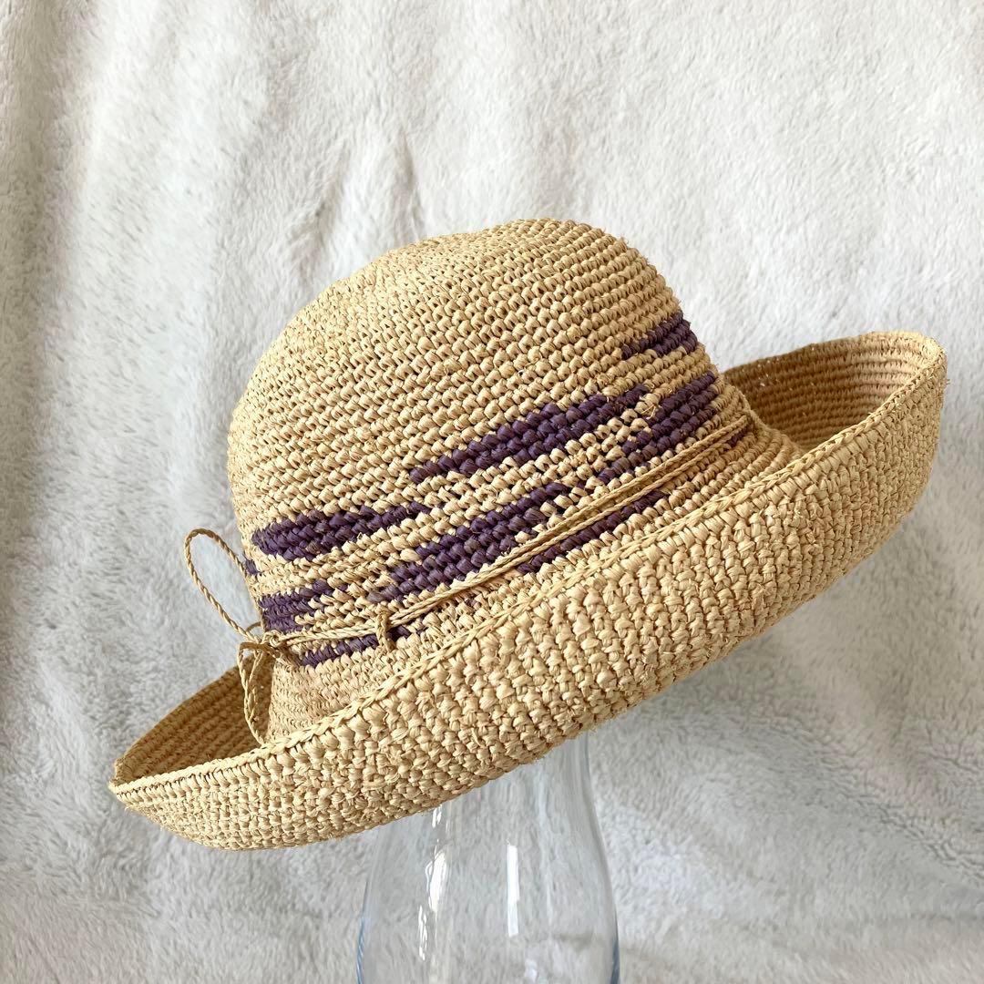 超希少 ヘレンカミンスキー ラフィア ローラプルハット ナチュラル×パープル