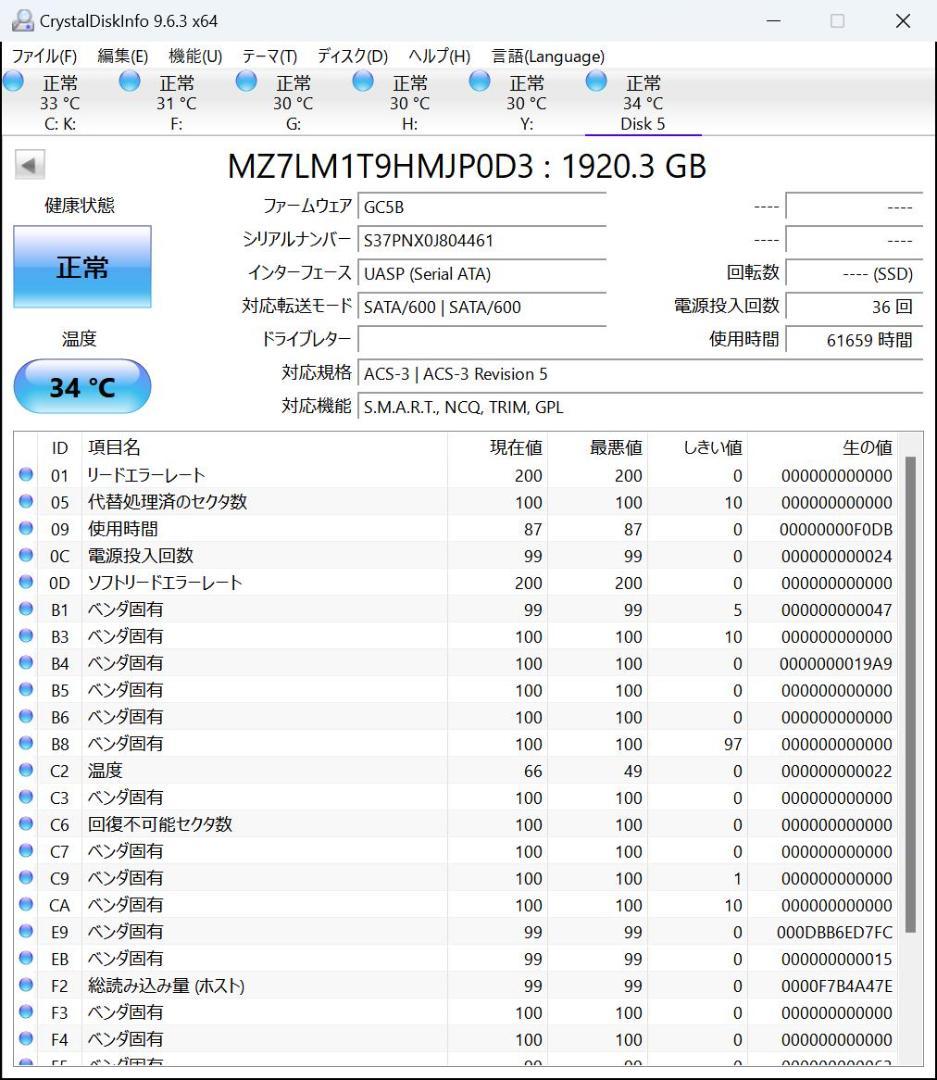 ④SAMSUNG 2.5インチSSD 1.92TB MZ-7LM1T9B 確認済