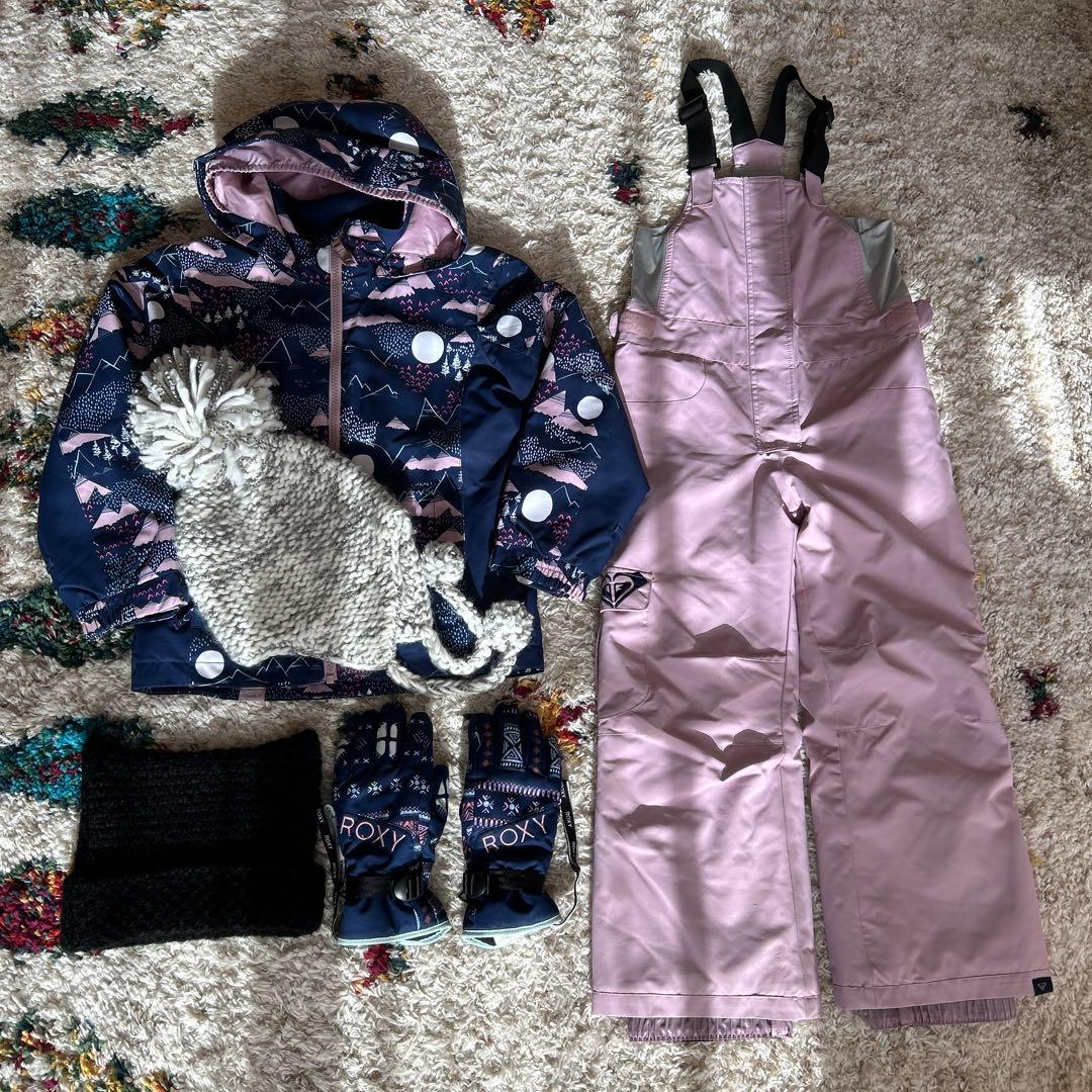 ロキシー　キッズ　スキーウェア　上下　グローブ　猫耳、耳当て付きニット帽　計5点