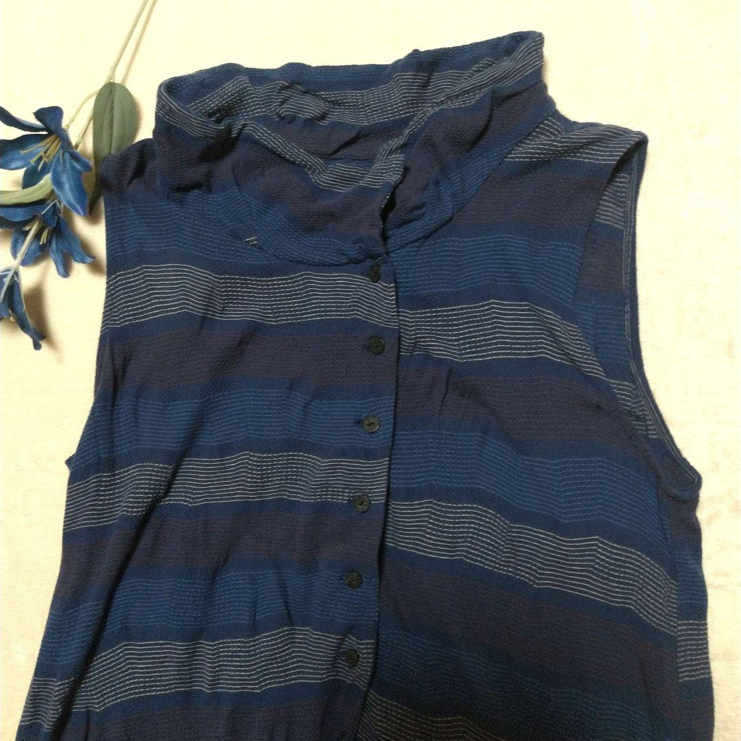慈雨 変形 ロングジレ　ベスト　チュニック ジャガード織　 ブルー系　L