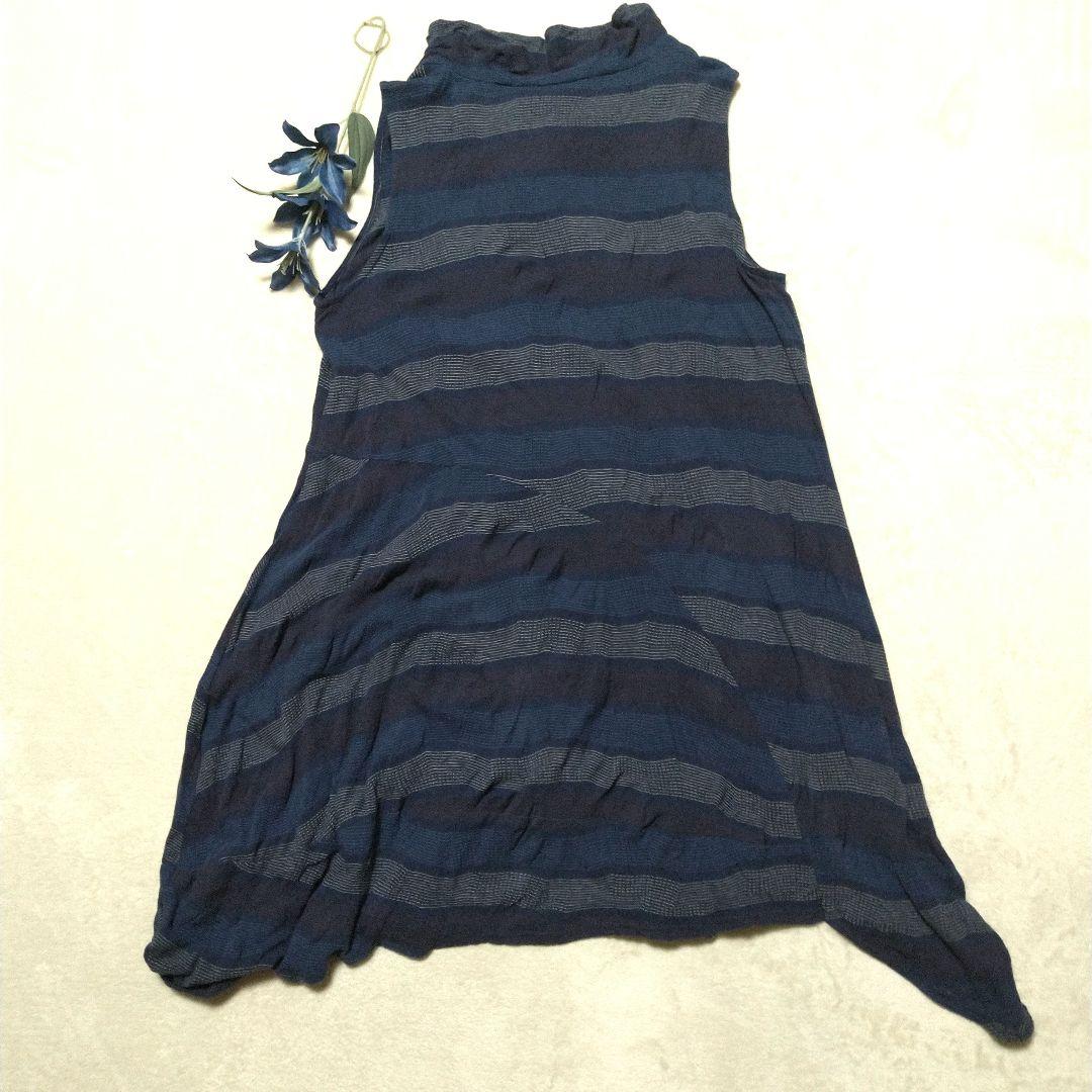 慈雨 変形 ロングジレ　ベスト　チュニック ジャガード織　 ブルー系　L