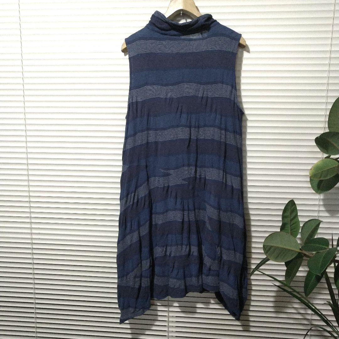 慈雨 変形 ロングジレ　ベスト　チュニック ジャガード織　 ブルー系　L