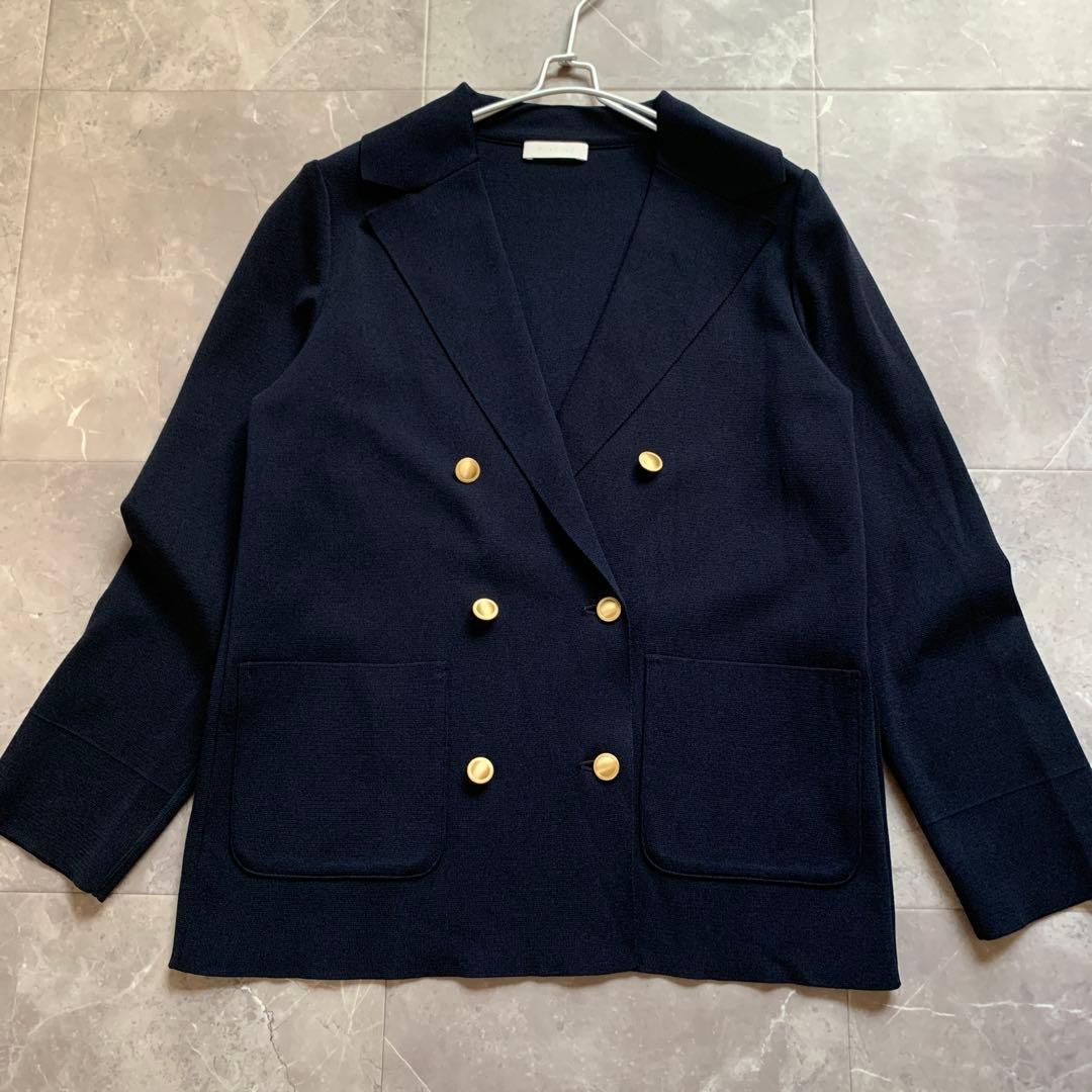 PLATINE プラティーヌ　ミラノリブニットダブルジャケット　紺　金ボタン