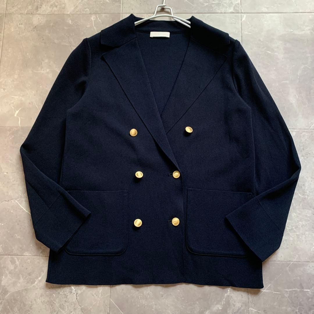 PLATINE プラティーヌ　ミラノリブニットダブルジャケット　紺　金ボタン