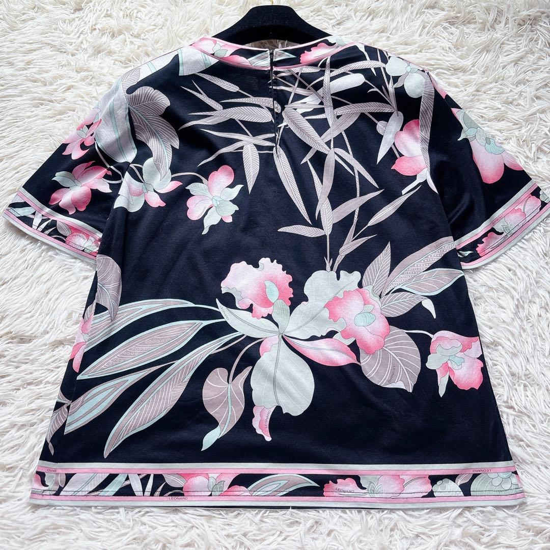 極美品✨レオナール 半袖カットソー 総柄 花柄 トリム LL