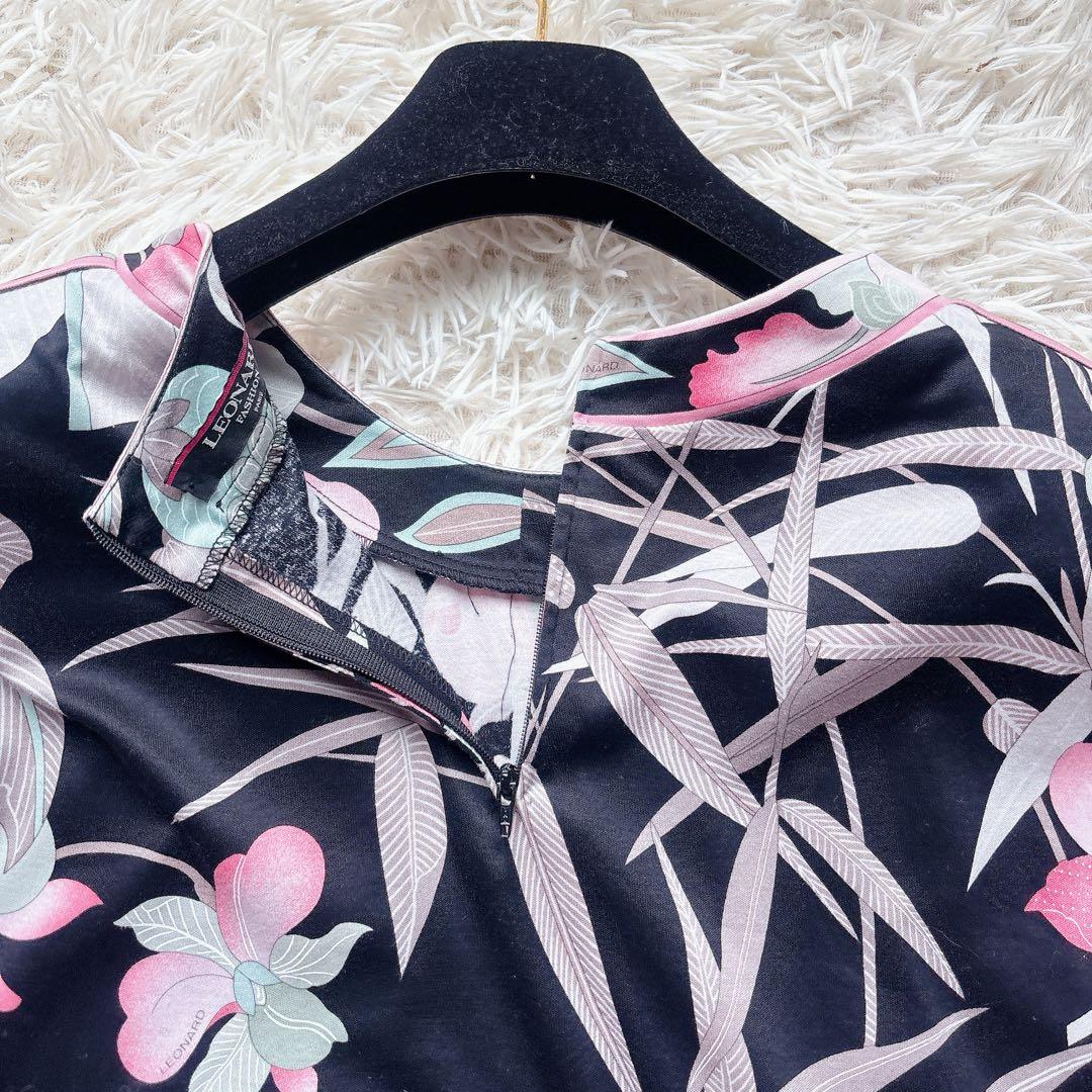 極美品✨レオナール 半袖カットソー 総柄 花柄 トリム LL