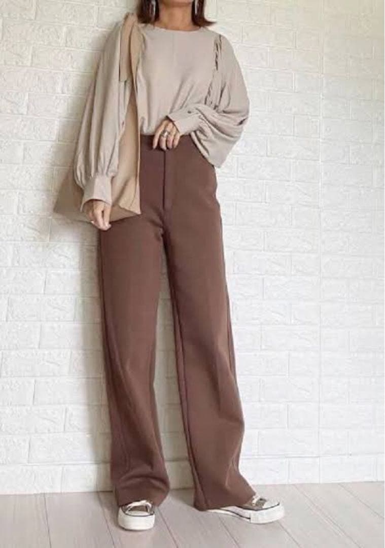 ブラウン ハイウエスト ワイドパンツ
