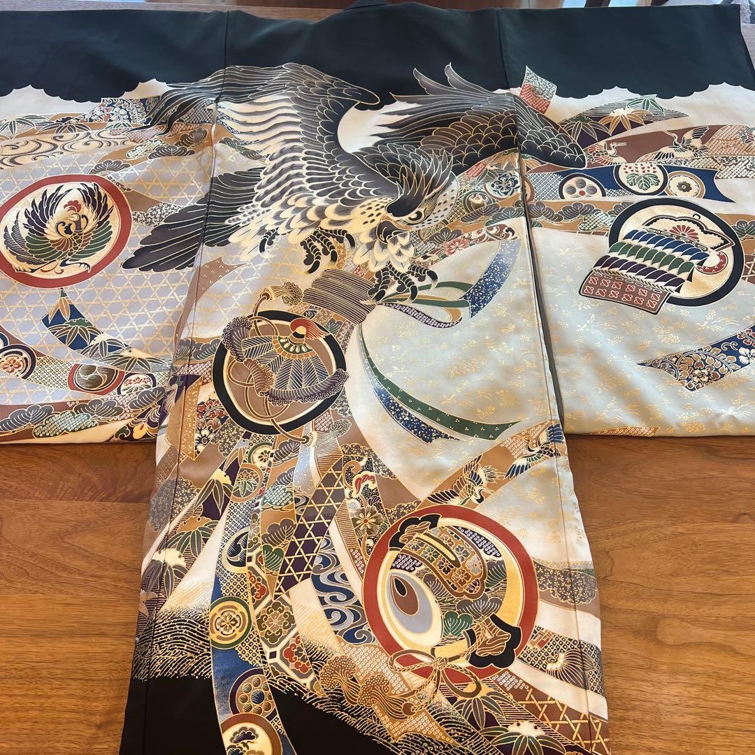 鷹　正絹　男の子お宮参り着物　産着長襦袢付き　スタイ　帽子